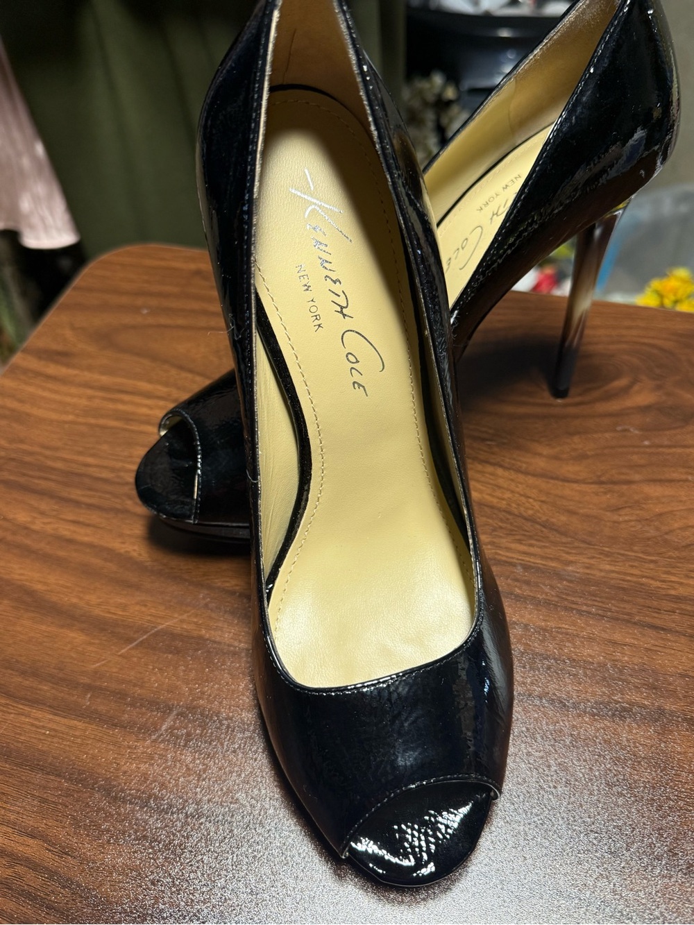 Kenneth Cole New York Black Patent Peep-Toe Stiletto Heels